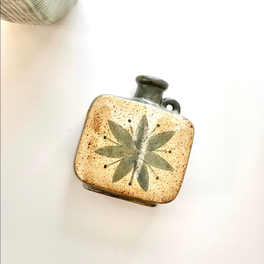 Vintage ceramic square green and speckled bud vase